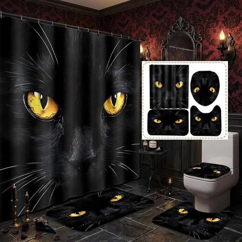 4pcs Realistic Black Cat With Bright Golden Yellow Eyes Print Shower Curtain Set With Toilet Seat Cover & Soft Bath Mats,The floor mat fabric is thicker and softer!  Mysterious Gothic Bathroom Decor For Halloween Holiday Household Bathroom Upgrading
