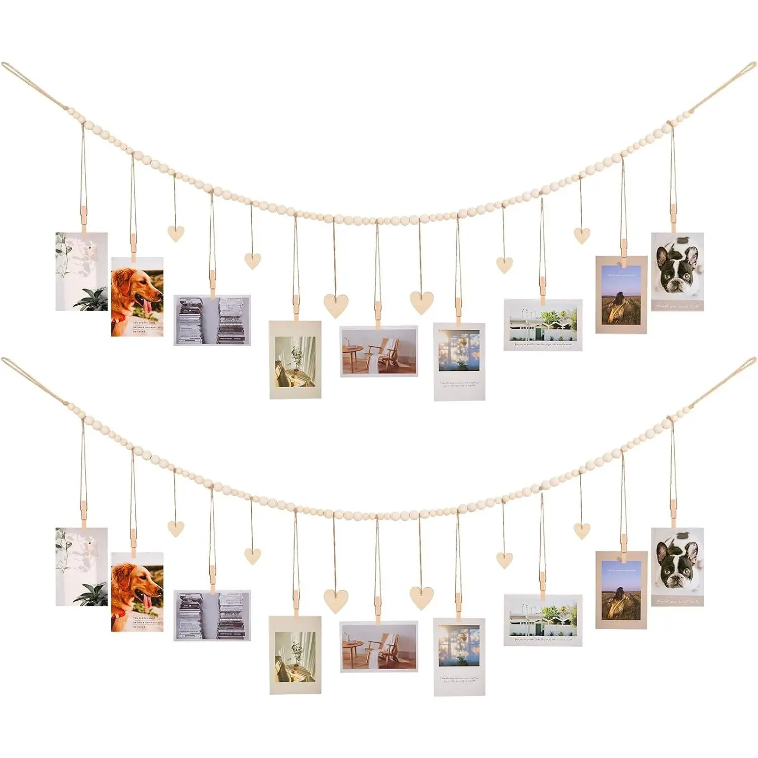 2 Pack Boho Hanging Photo Display Wall Decor, Collage Picture Frame Christmas Card Holder with 9 Wood Clips & 6 Wooden Heart Tags for Home Bedroom Office Nursery Dorm