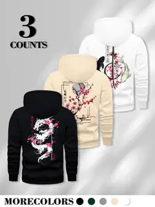 3 Pack Japanese Ink Wind Hoodie, Large Cherry Blossom Dragon Koi Katana Graphic On Back, Drawstring Kangaroo Pocket Loose Pullover Sweatshirt