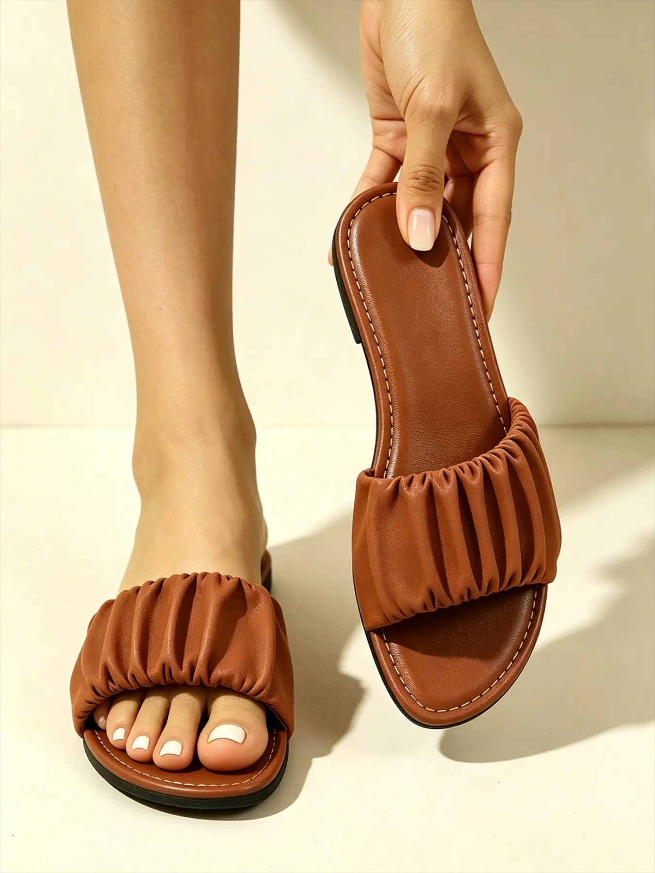 Women's Folded New Square Toe Flat Outdoor Sandals, Versatile and Elegant, Summer Bestseller, Soft Sole Anti-Slip One-Strap Shoes, Fairy Style Comfortable