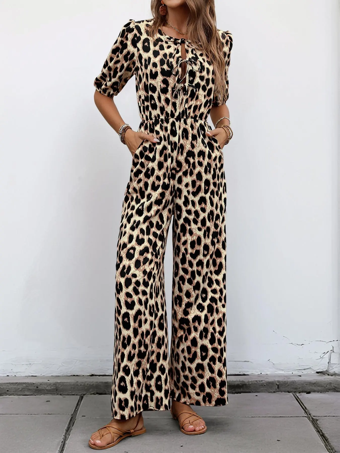 Women's Leopard Print Jumpsuit, Casual Chic Comfy Wide Leg Jumpsuit for Summer, Women's Jumpsuit for Daily Wear