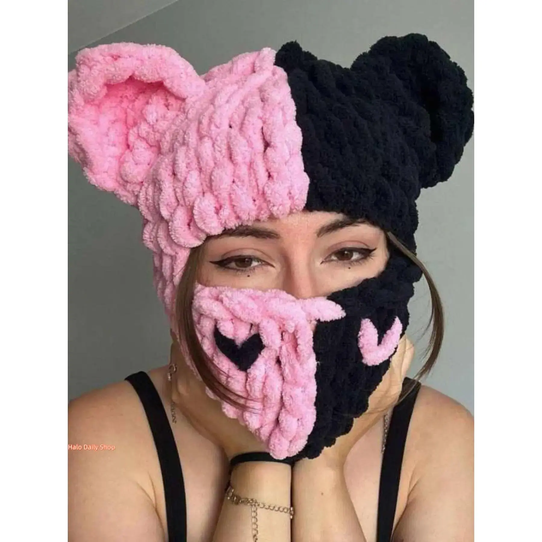 Women's Plush Knitted Beanie - Handmade, Cute Ears Design, Cold Weather Outfit Accessory, Unisex Size, Winter Wear for Christmas Halloween