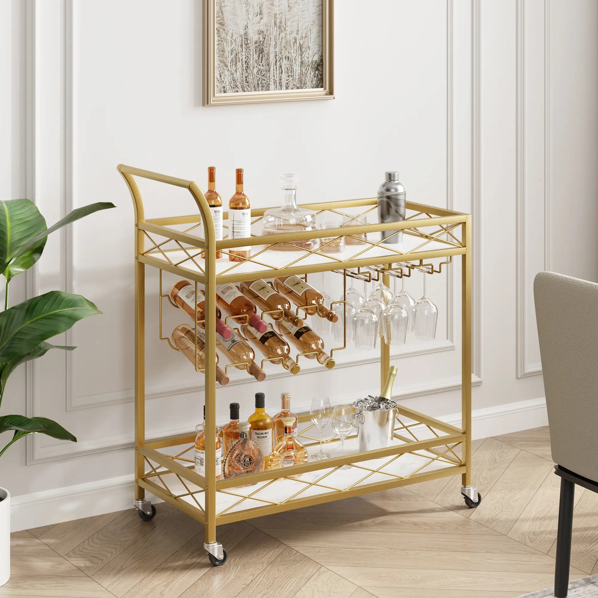 Gold Bar Cart with 2-Tier Storage Shelves, Mobile Kitchen Serving Cart on Wheels with Wine Rack & Glass Holder for Kitchen, Living Room & Dining Room