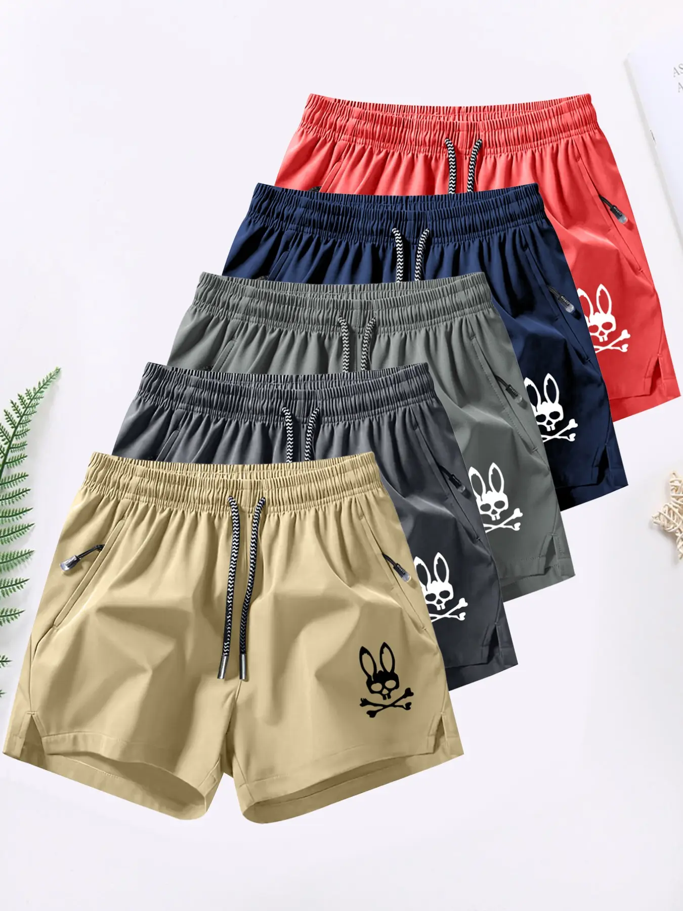 Summer Men's Skull Rabbit Print Shorts, Casual Loose Fit Breathable Sports Trunks, Three-Quarter Beach Pants, Comfortable and Stylish, Casual Athletic Shorts