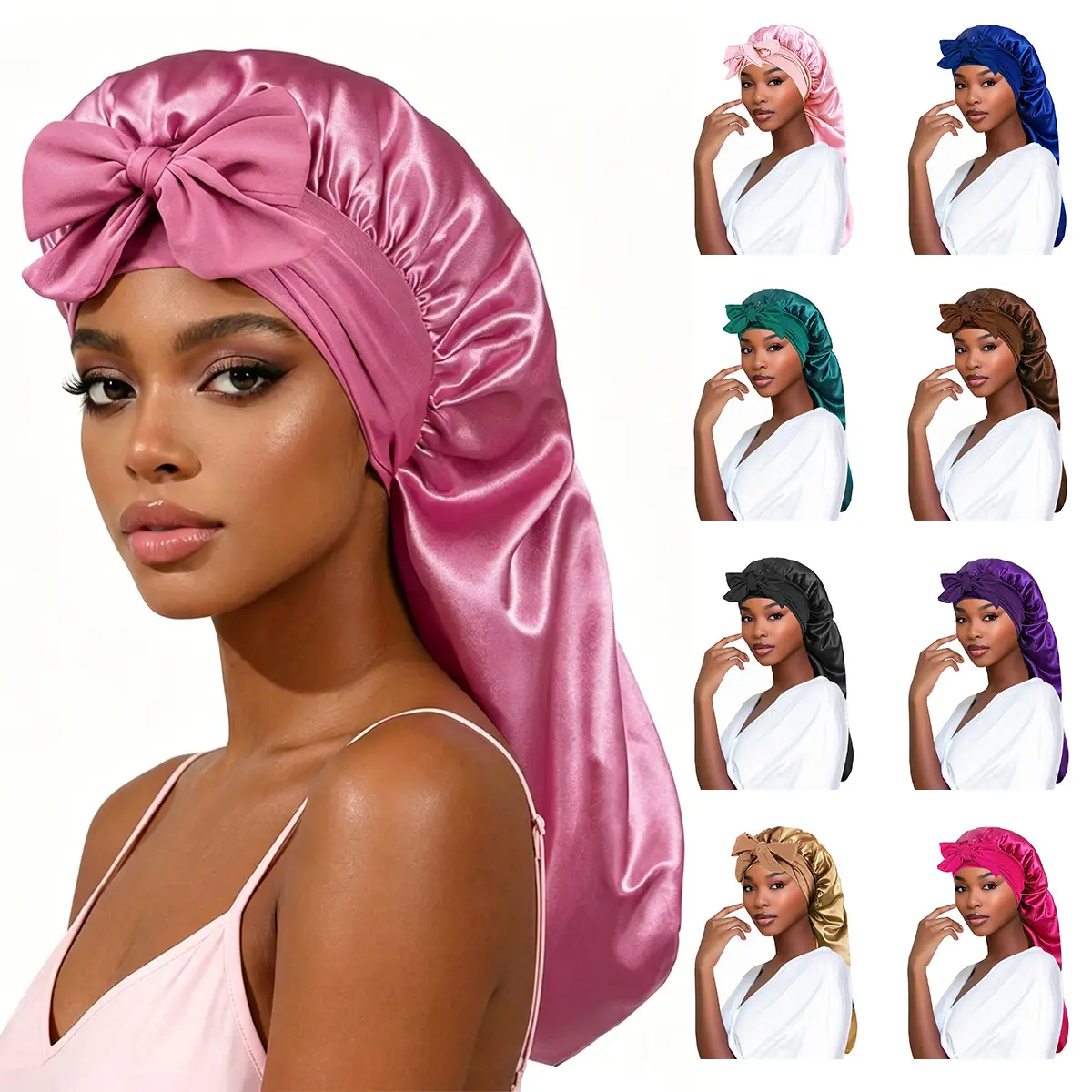New Bow Long Tail Ribbon Satin Sleep Bonnet, High Elastic Extra Large Hair Care Cap for Women, Soft Stretchy Long Tube Night Sleep Hat for Curly, Long Hair & Big Head Size