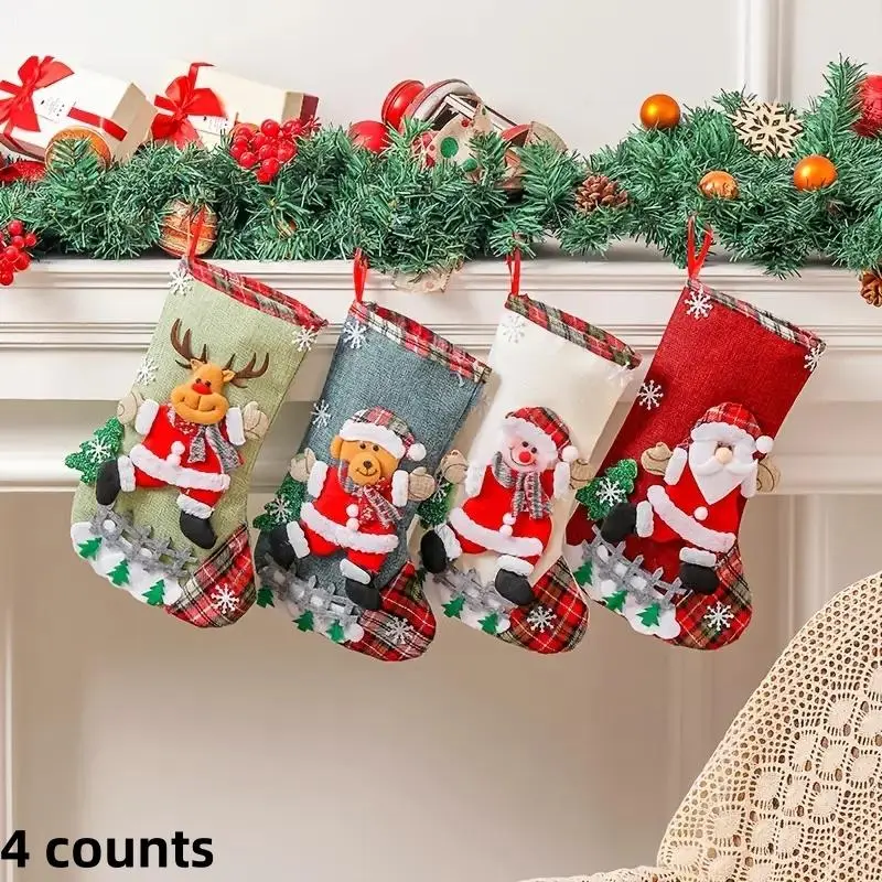 Christmas Themed Stocking, 4 Counts/set Cute Santa Claus & Snowman & Reindeer Pattern Hanging Ornament, Christmas Decoration for Home Party