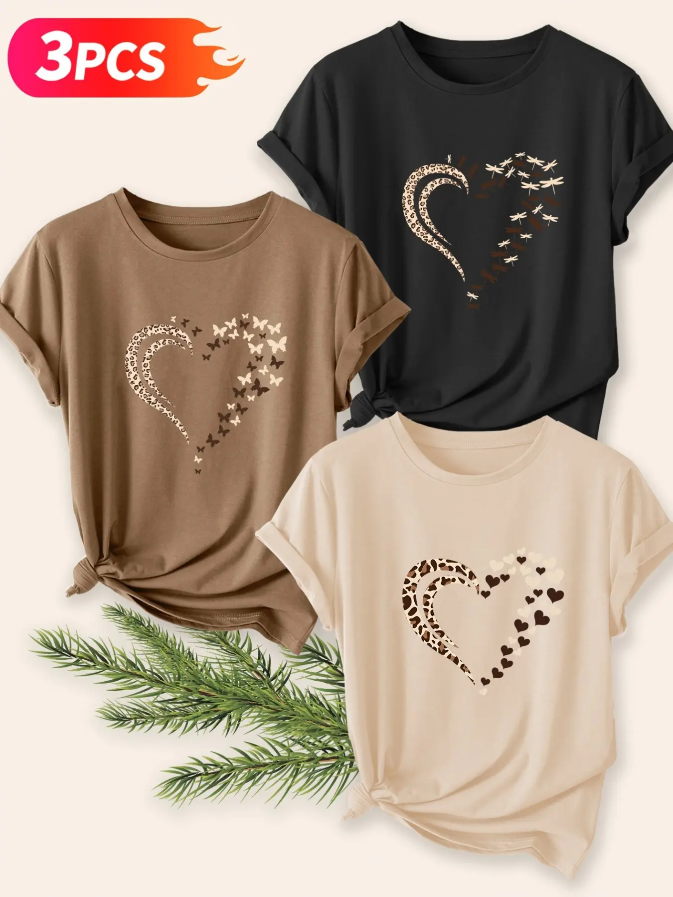 3-Pack Women's Heart Print T-Shirts, Short Sleeve Casual Everyday Round Neck Tops, Spring Summer Crewneck Tees, Regular Length Basic Apparel