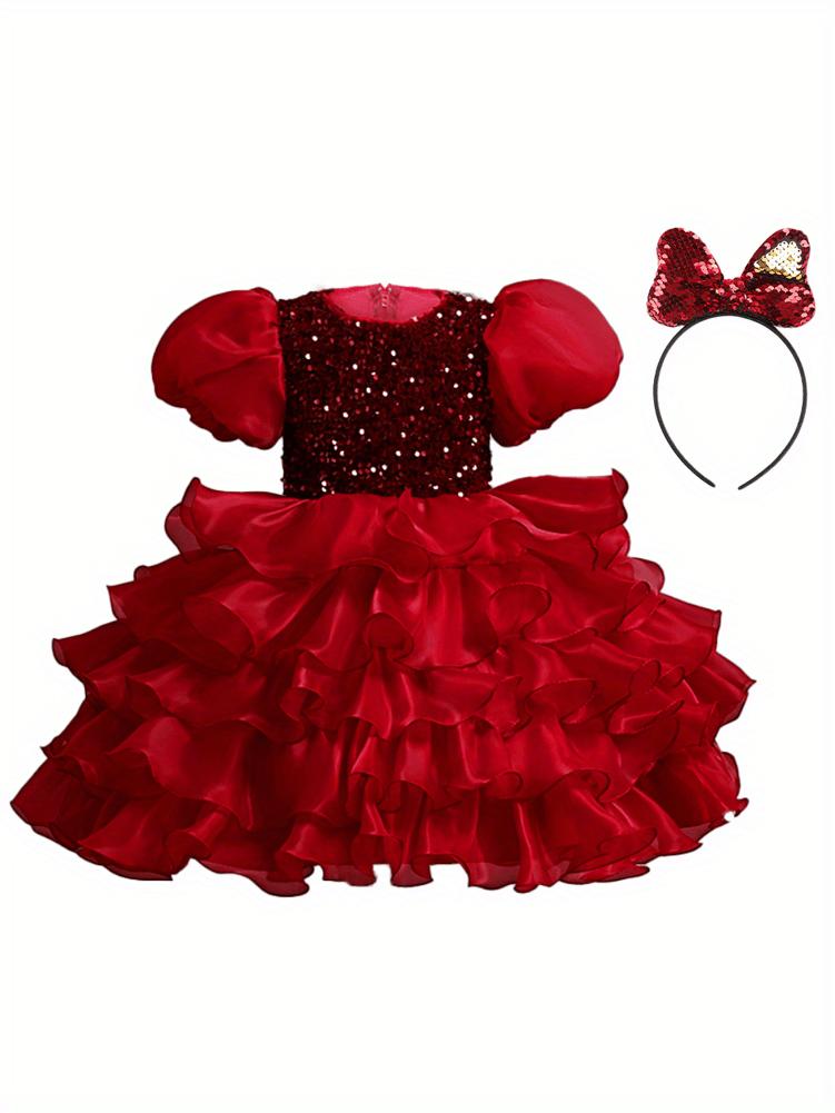 Girls Sparkling Sequin Princess Dress Puff Sleeves Halloween Christmas Dance Performances Formal Dresses for Youngsters Stage Performance Skirt with Positioning Holes