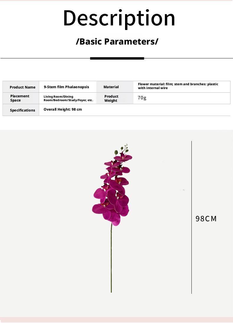 9 artificial Phalaenopsis orchids made of film, 3D printed artificial flowers with a luxurious feel, suitable for decoration in the living room, dining table, entrance, and wedding room