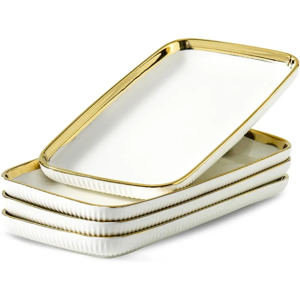 Level Up Your Party Table With These Elegant Gold Rim Platters! Set of 4 12 Inch Rectangular Ceramic Serving Trays, White Plates for Appetizers, Sushi, Salad & Desserts