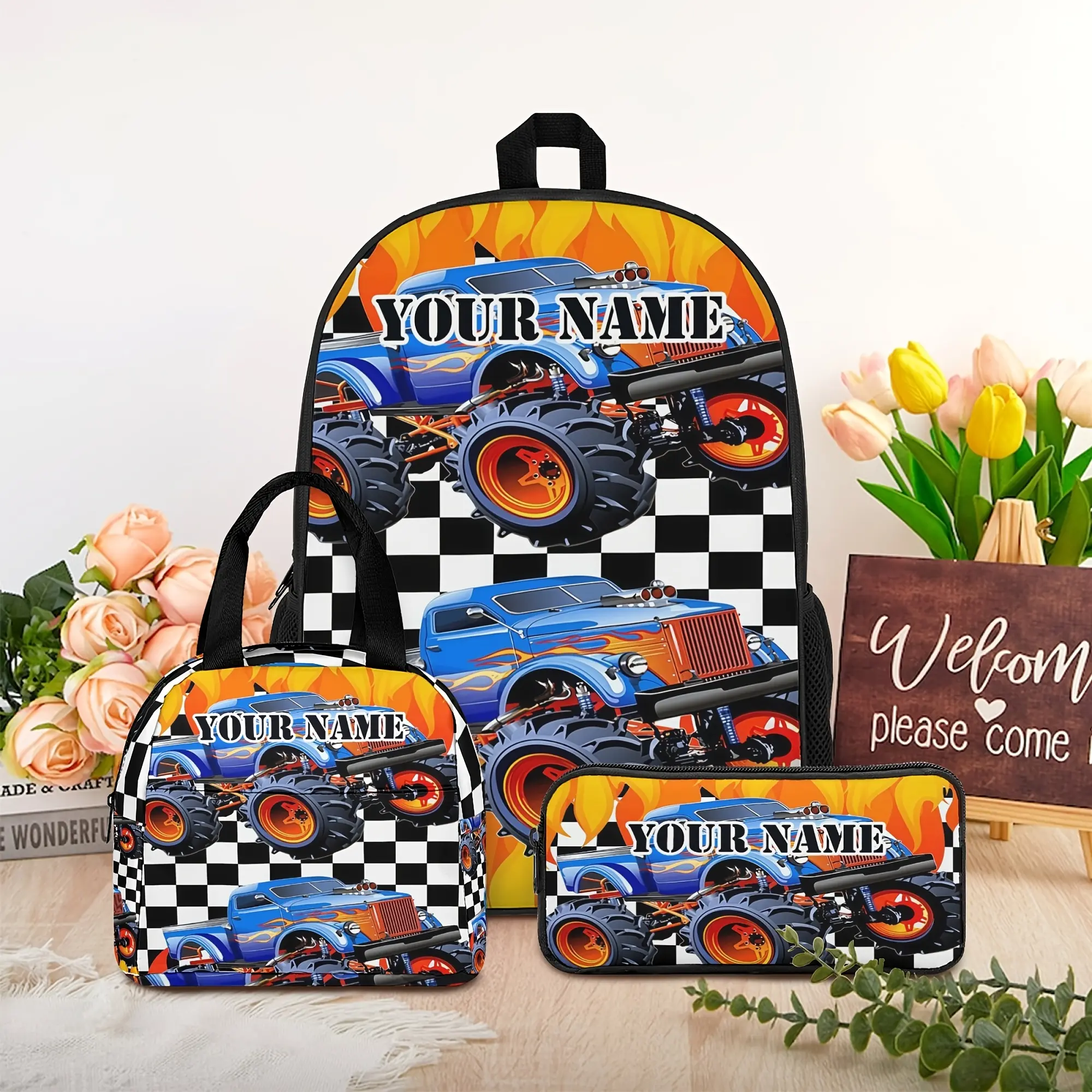Personalized Monster Truck Backpack for Kids, Custom Name Blue Truck School Bookbag with Flame and Checkered Print, Adjustable Shoulder Straps and Side Mesh Pockets for Boys, Students and Travel