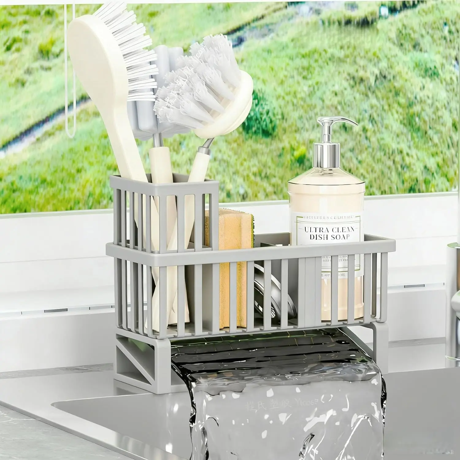 Rustproof Sink  & Kitchen Sink Organizer,Plastic Dish Sponge Holder with High Scrub Brush Holder,Sponge Rack for Kitchen Sink,Multifunctional Sponge Drain Rack,Dish Soap  & Dispenser