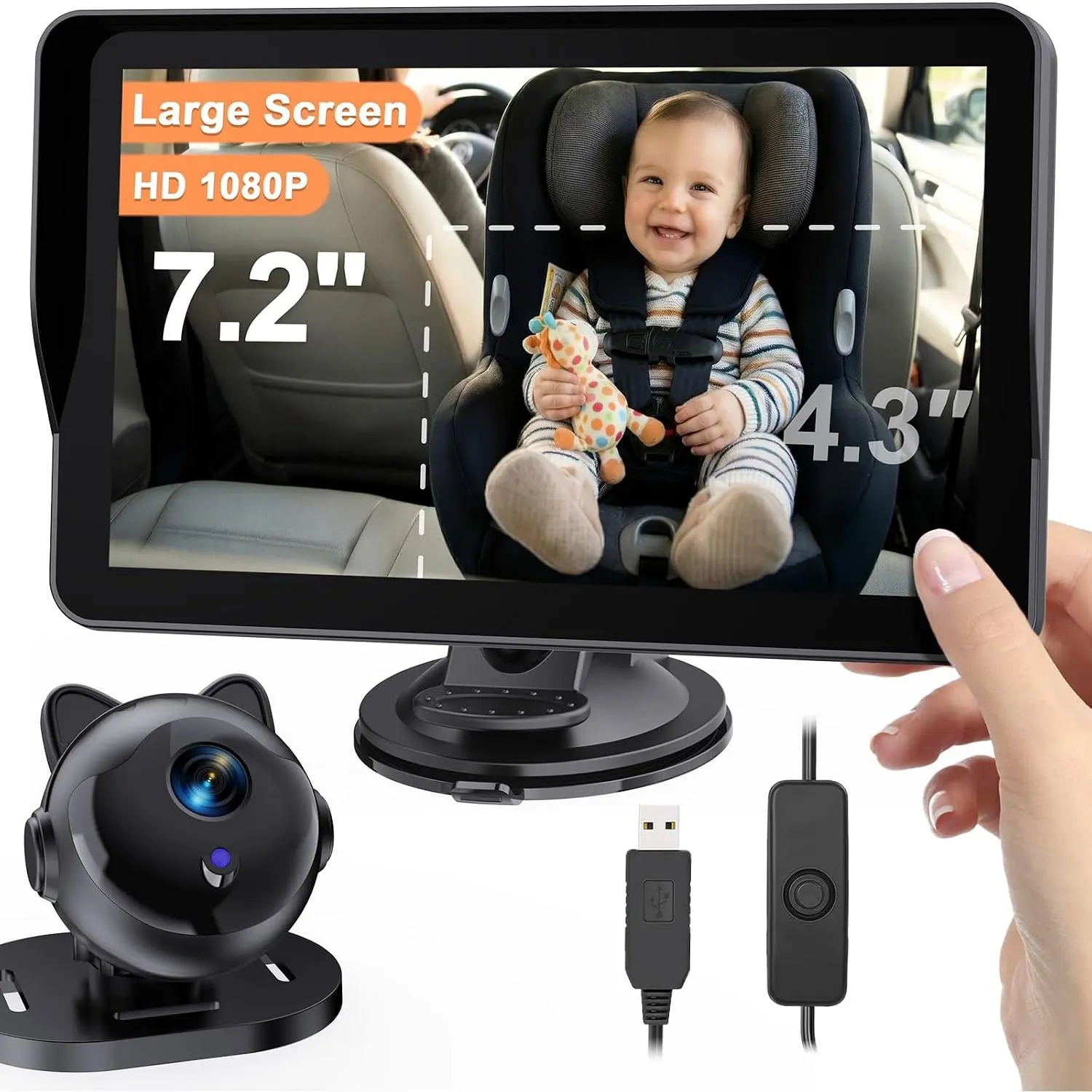 7.2-In Car Baby Camera, HD 1080P Auto Night Vis., 3X Larger View, 150° Wide Angle Full Head-to-Toe Rear Seat View, Plug-In Setup for SUV/Truck/Van, Easy 5-Min Install for Rear-Facing Infant Seats