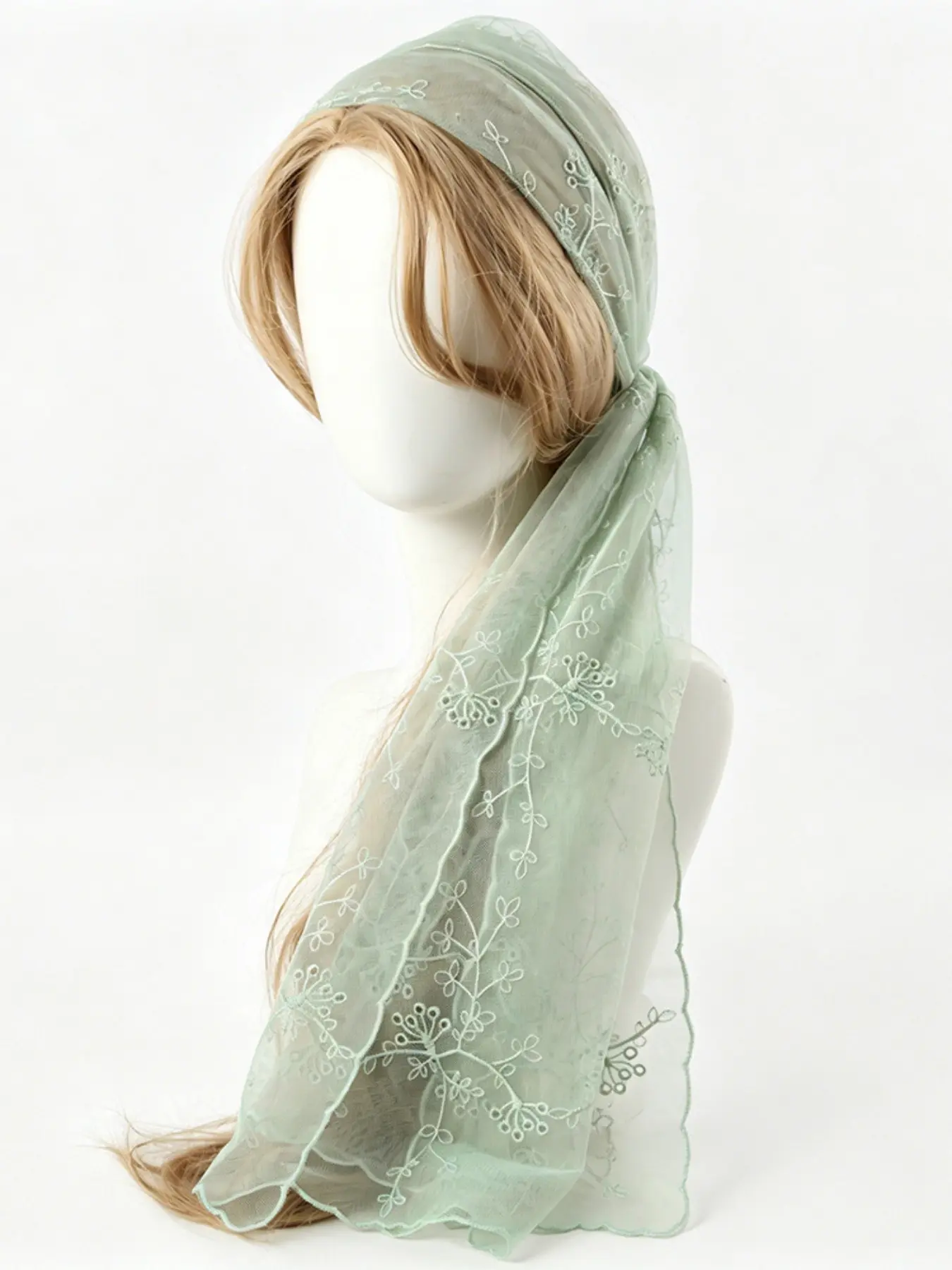 Lace Embroidered Floral Long Scarf for Women, Spring Summer Mesh Scarf, Versatile Headscarf and Wrap Shawl, Fashion Accessory