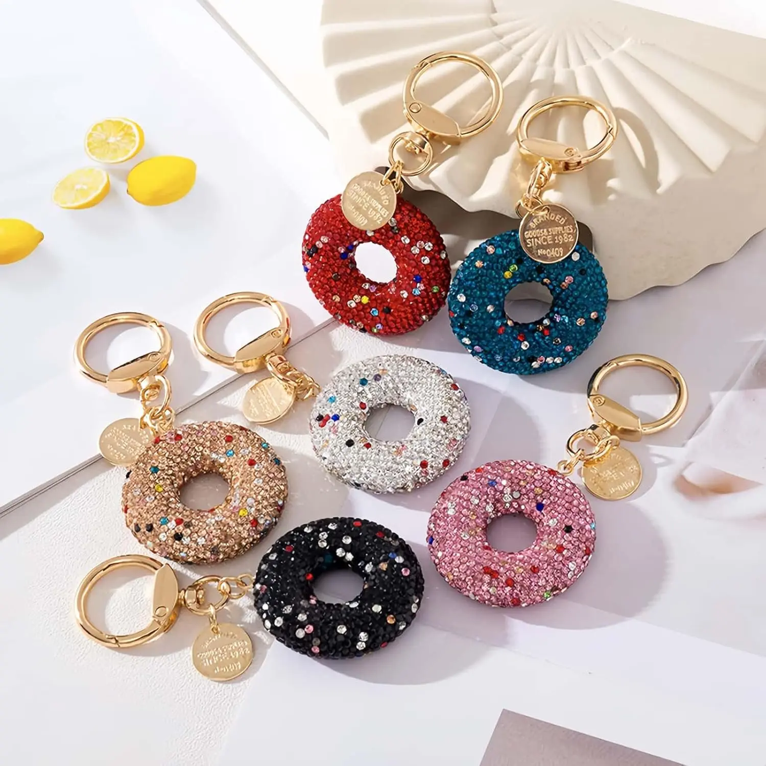 Unisex 1.5-inch Diameter Round Rhinestone Donut Keychain Accessories - Handcrafted Bling Bag Charm, Anti-Fade Metal Key Rings for Car Keys, Everyday Ideal Graduation Present Accessory
