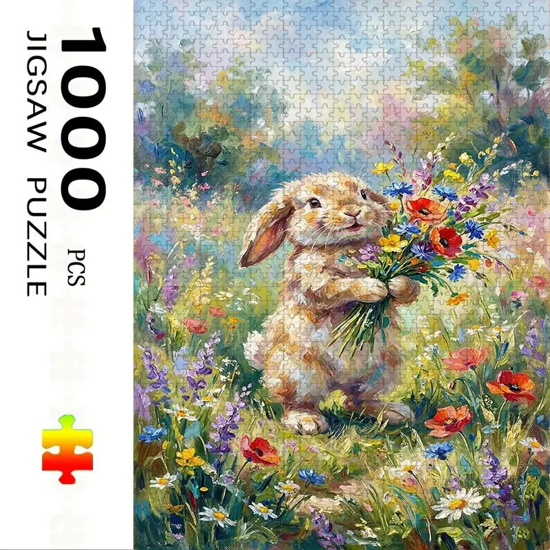 1000 Piece Rabbit with Bouquet Puzzle, Large Adult Family Interactive Puzzle Toy, DIY Home Decor, Holiday Theme, Durable Puzzle