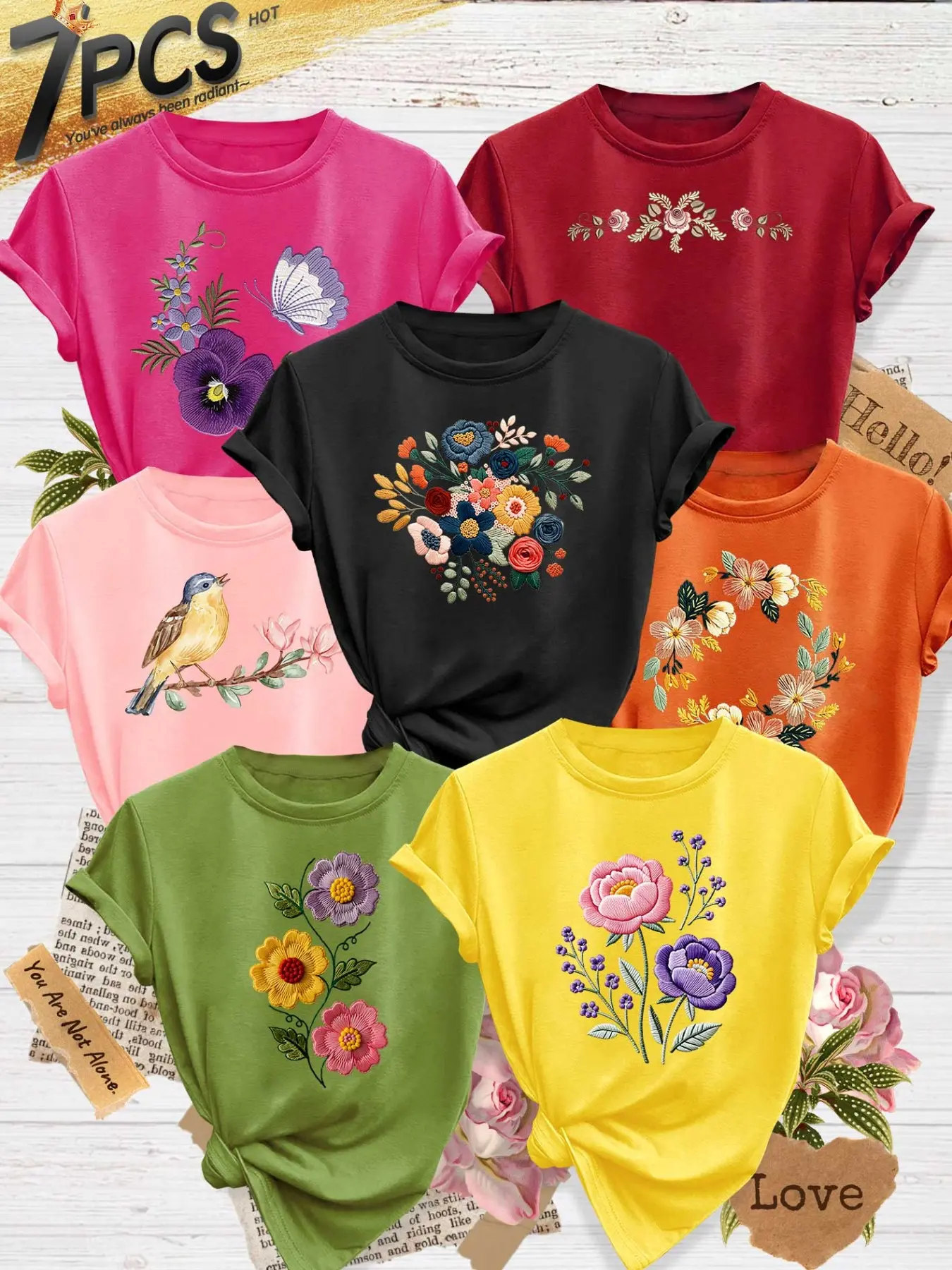 7Pcs Women Crew Tee, Bird Peony Purple Butterfly Embroidery Print, multi-color, washable, soft spring summer top