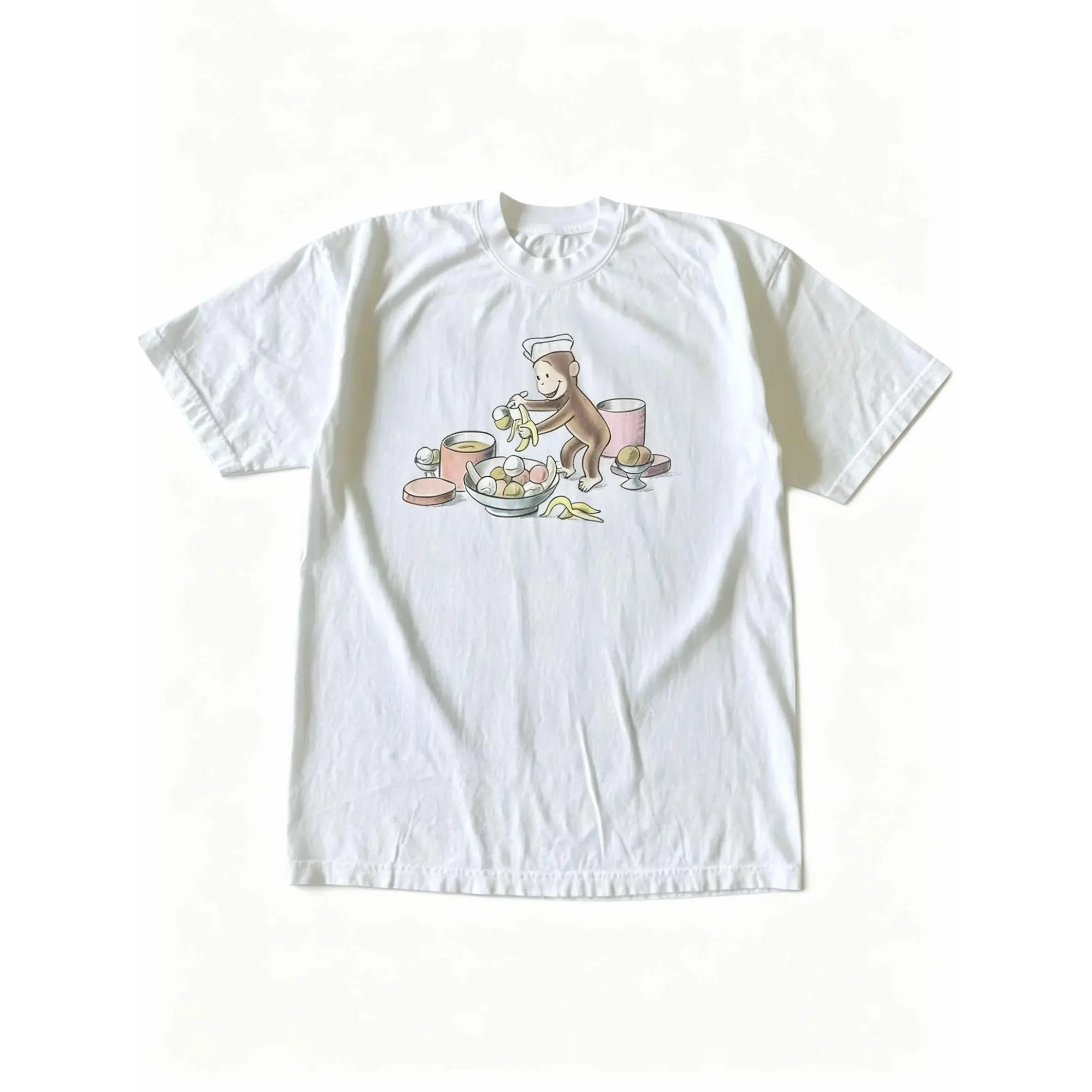 Curious George Ice Cream And Banana T-Shirt, Animal Tee, Cartoon Tshirt, Gifts Shirt, Unisex Vintage Graphic Tees Gothic Grunge Y2k Emo Scene Amity Affliction Style Clothes Men Women Streetwear