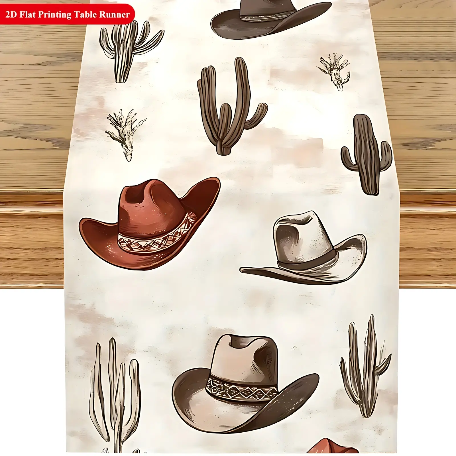 One Western cowboy hat tablecloth - with cactus decoration, durable and easy-to-clean polyester tablecloth, suitable for kitchen, dining room, living room, and terrace