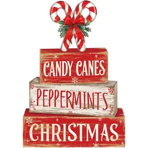 4 Pcs Christmas Candy Cane Table Decor Christmas Wooden Decorative Signage Red and White Stripes Candy Cane Xmas Tiered Tray Decor Centerpieces Farmhouse Wooden Block Set for Home