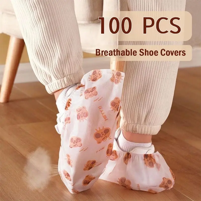 100pcs Disposable Thick Cartoon Shoe Covers, Bear Print, Indoor Convenient Non-Slip Anti-Dirt Footwear, Breathable Protective Shoe Covers