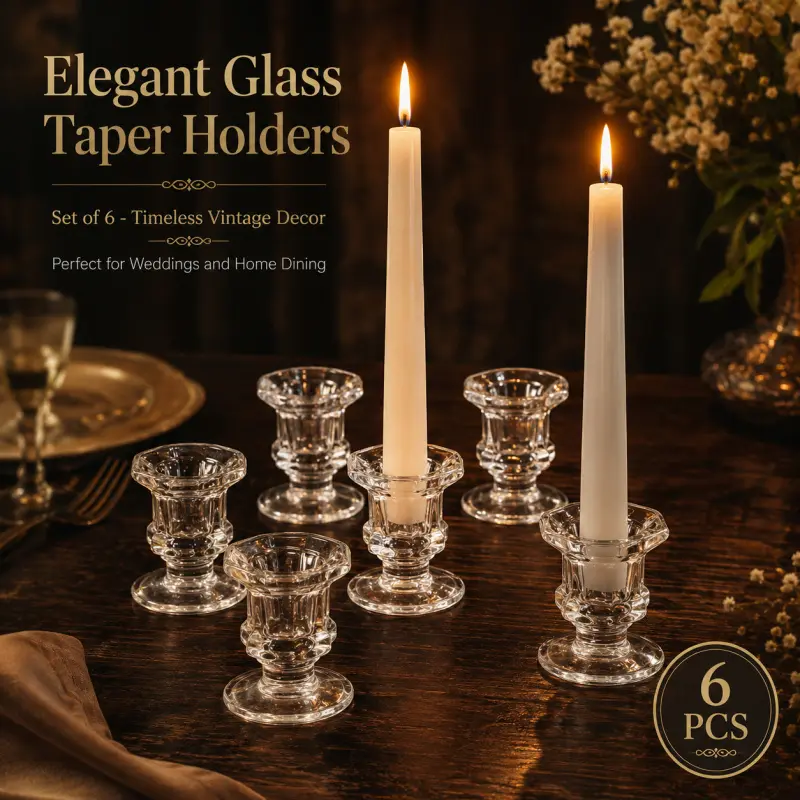 Set of 6 Vintage Clear Glass Taper Candle Holders, Elegant Short Candlestick Holders for Wedding Dinner Table Home Centerpiece Decor