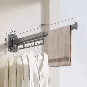 No Drill Folding Clothes Rack with Extendable Rod, Wall-Mounted Invisible Retractable Laundry Pole, Suitable for Balcony, Bathroom, Apartment