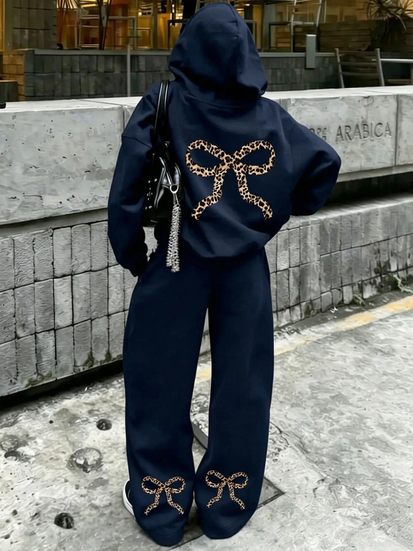 2-Piece Women's Leopard Print Bow Hooded Sweatshirt Set, Casual Loose Fit Tracksuit for Streetwear and Daily Styling, Hooded Top with Wide-Leg Pants