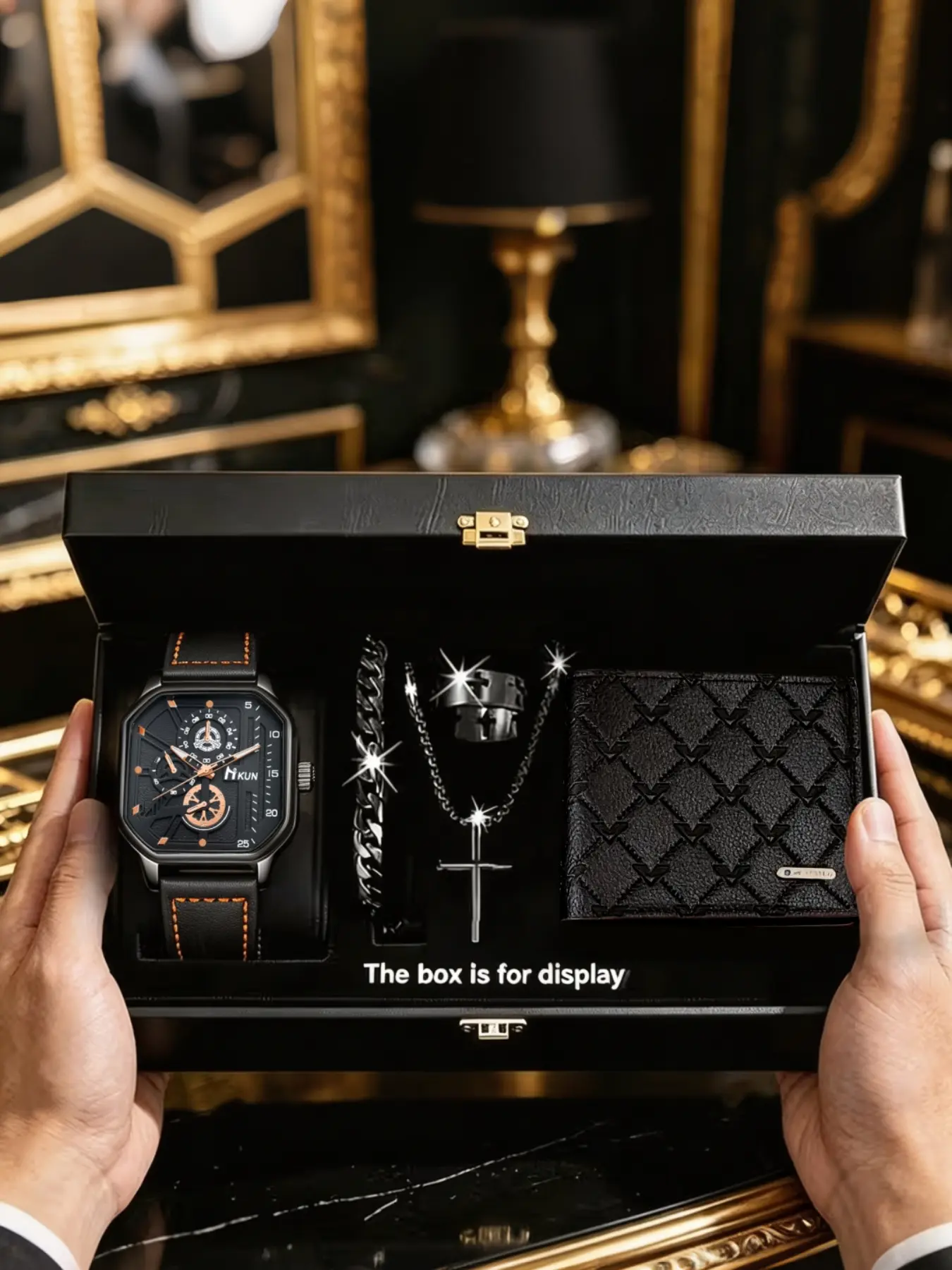 Men's Accessory Set, Square Analog Watch, Cuban Bracelet, Cross Necklace, Ring, Business Wallet, Fashionable, All Seasons, Matching Jewelry Set, Watch Jewelry Set
