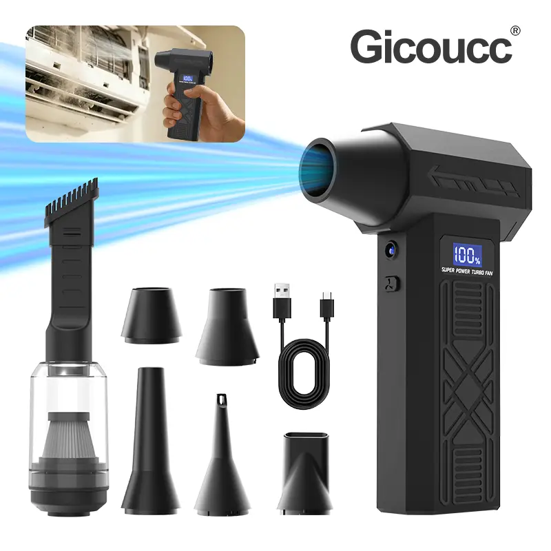 Cordless 2-in-1 Brushless Turbo Car Air Duster & Vacuum, 120000RPM Portable Blower with Vacuum Nozzle, Type-C Rechargeable, Batteries Included for Leaf & PC Cleaning, Outdoor Use