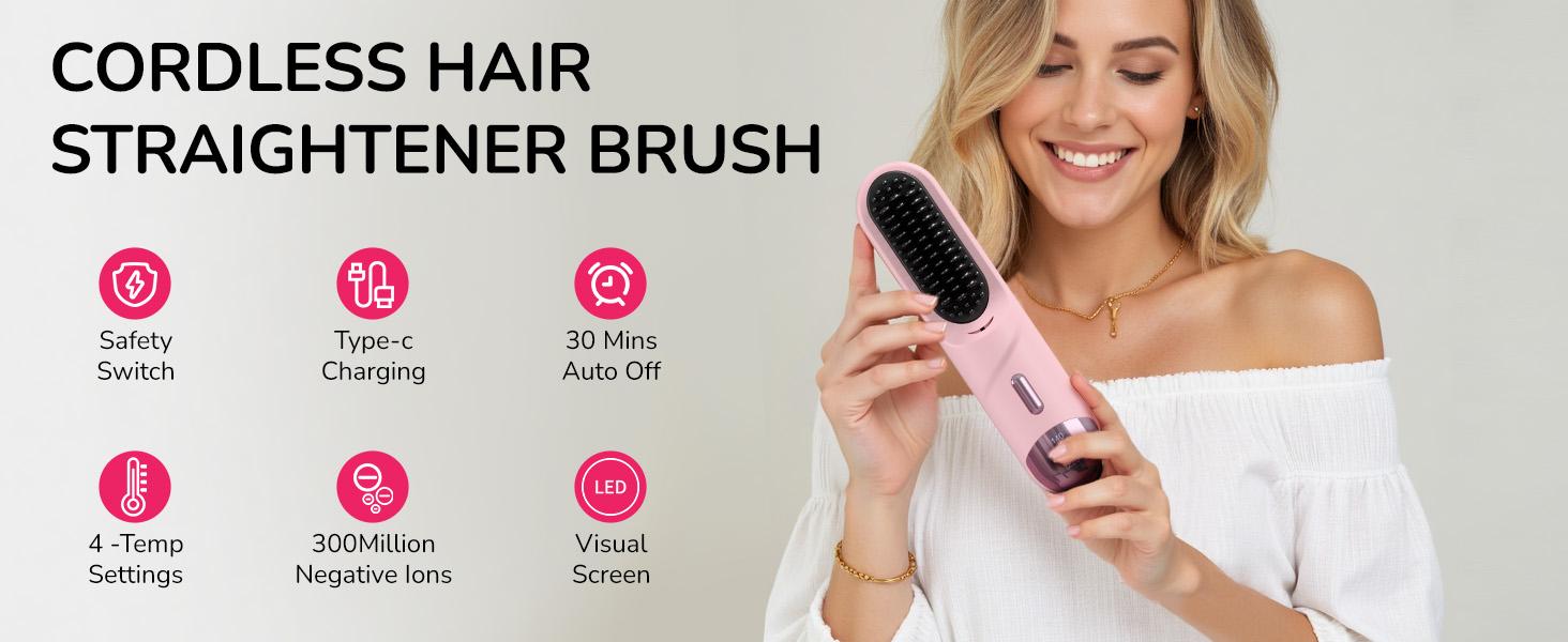 Go Brush Pro for Short Hair 2026 Hair Straightener Brush 300M Negative Ions,Portable Cordless Straightening Comb for Women,Fast Heating 4 Temps for Frizz-Free Smooth Hair Travel Gift Light Pink