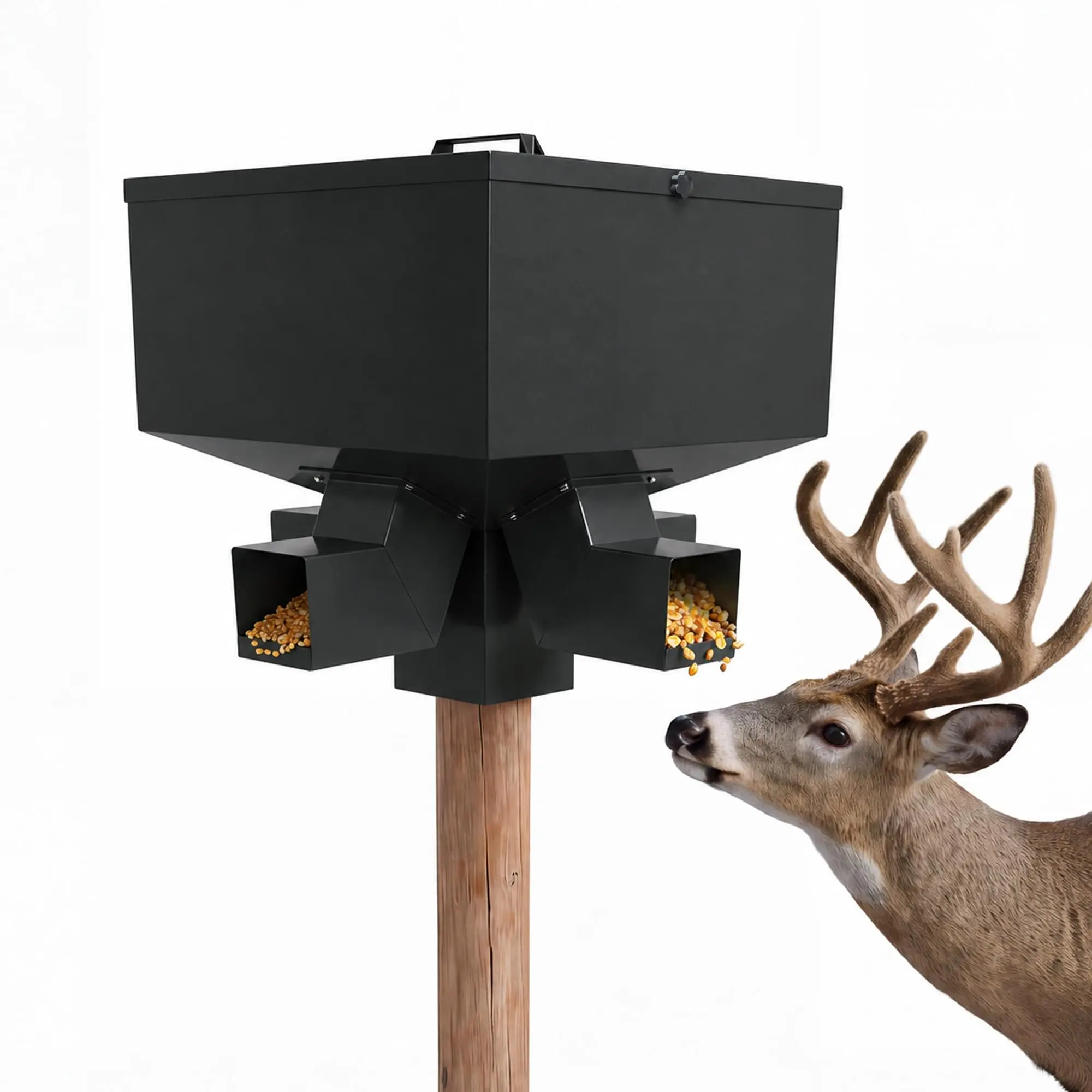Gravity Deer Feeder 80 lb, Portable 4-Port Wildlife Feeder, Galvanized Steel, Weather-Resistant, Corn & Protein Pellets