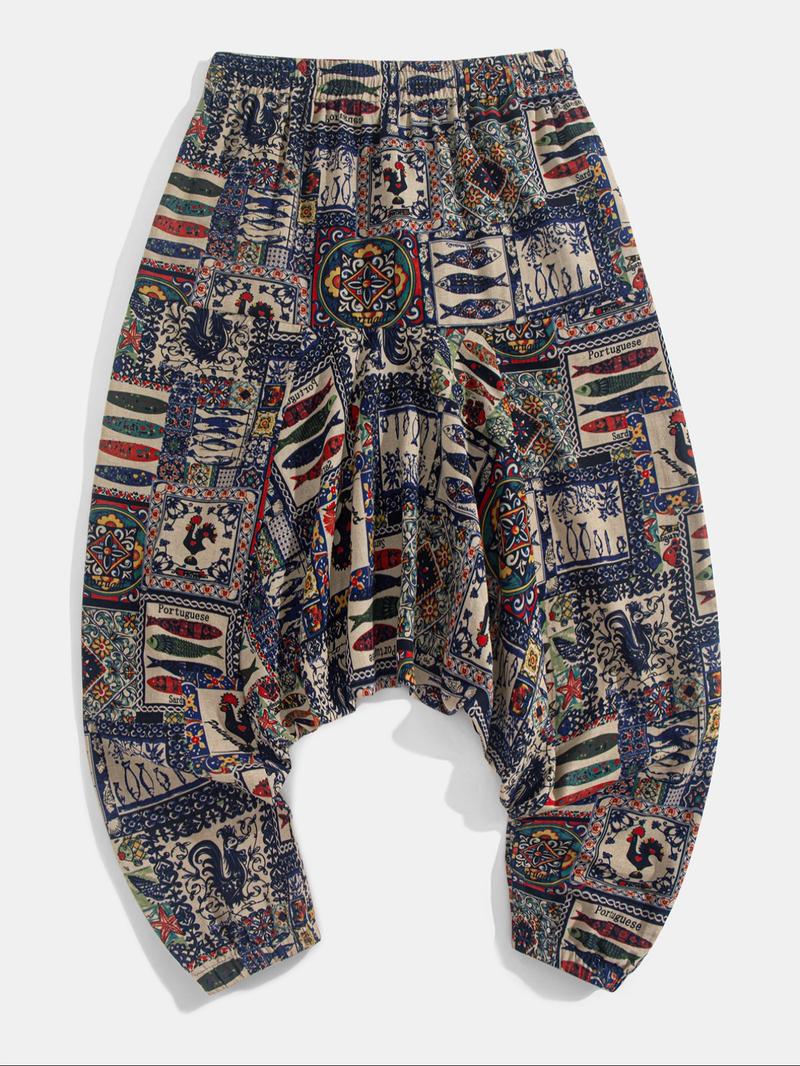 Men's Tribal Pattern Tie Waist Harem, Boho Casual Comfy Trousers for Daily Wear, Men's Bottoms for Summer, Bohemian Trousers