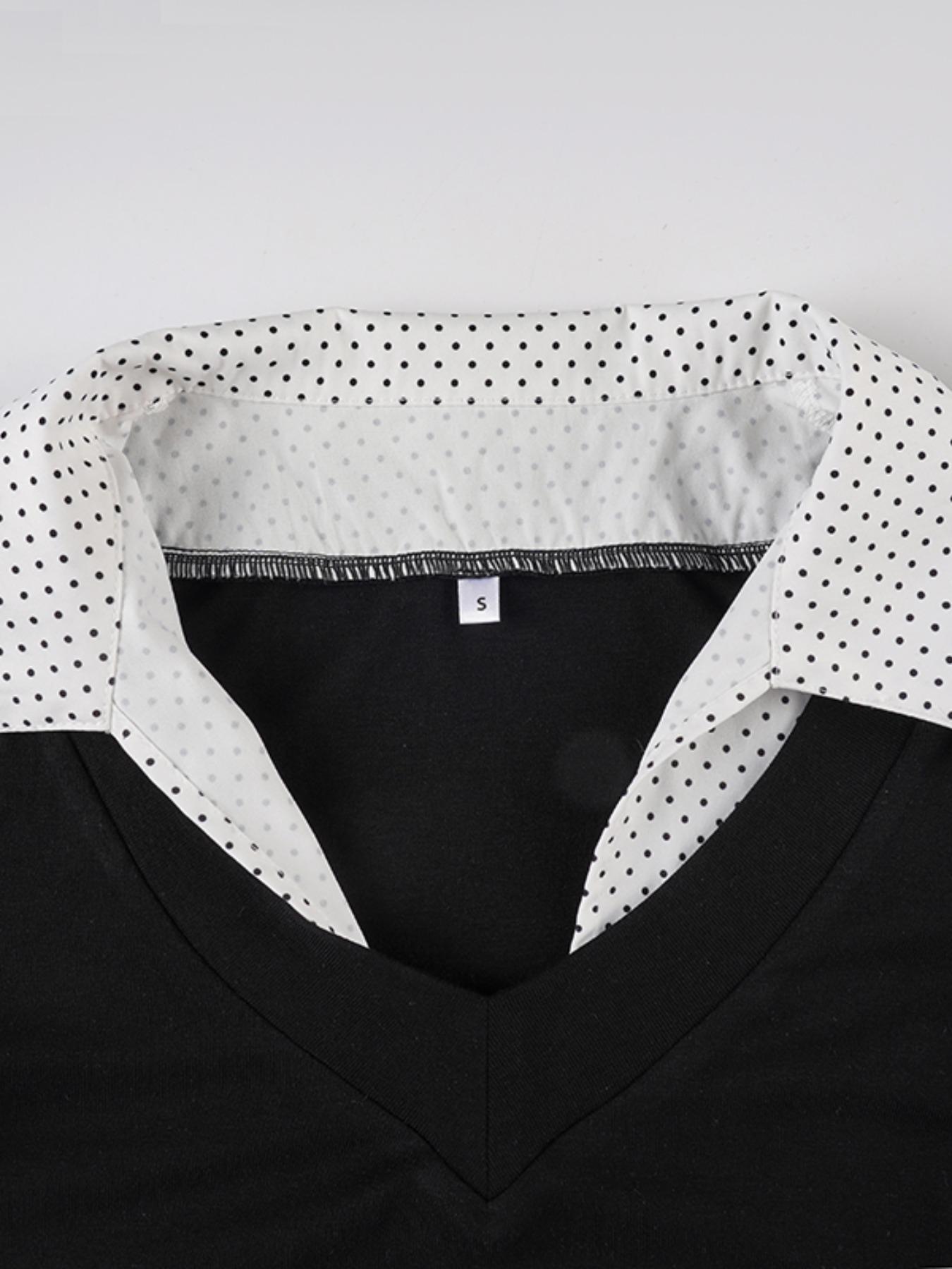 Women's Polka Dot Colorblock Slim-Fit Long Sleeve Top, Spring & Fall Casual Wear, Basic Commuter Style, Moderate Fabric Thickness