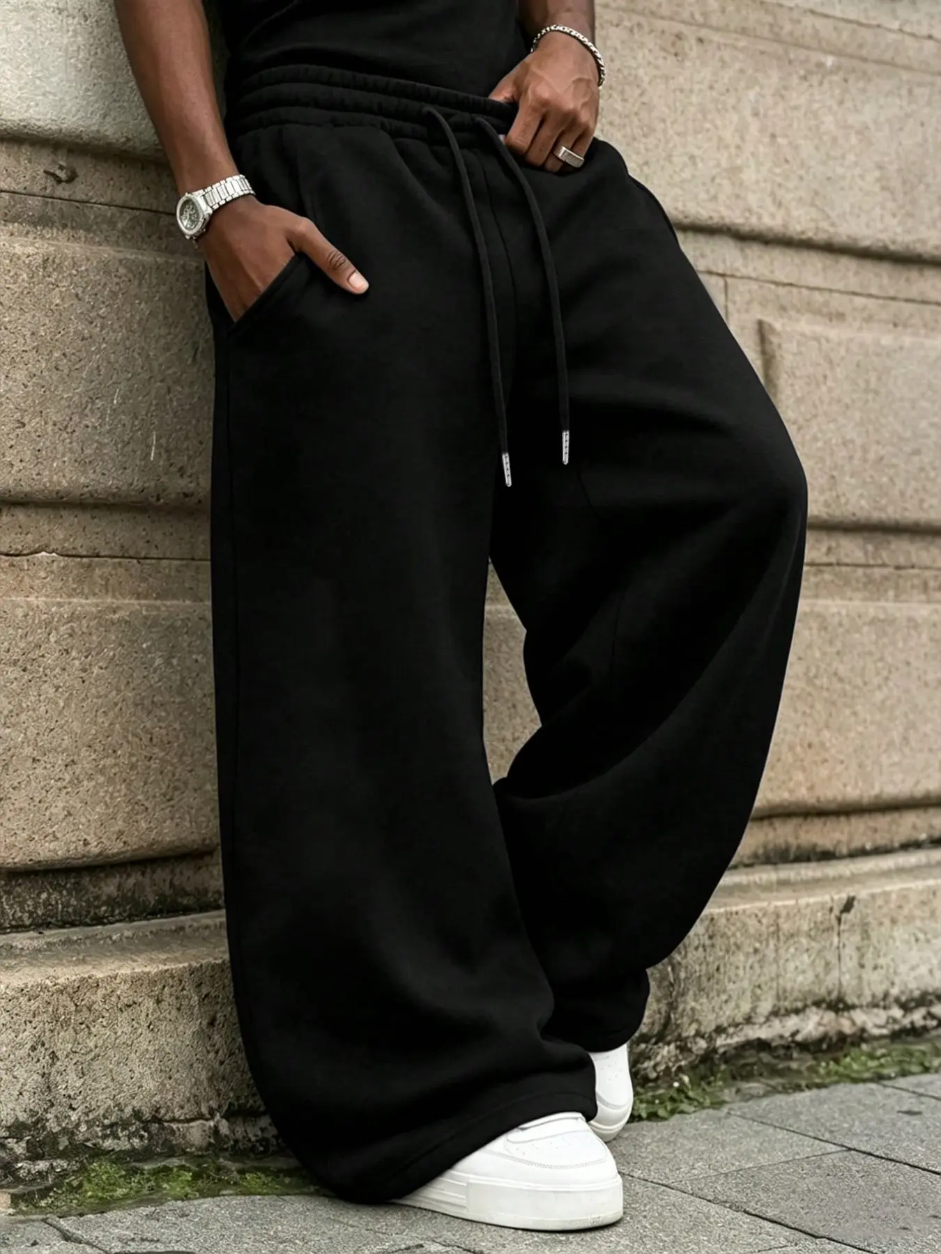 Men Solid Black Wide Leg Baggy Sweatpants, Elastic Waist Adjustable Drawstring Side Pocket Oversized Breathable Track Pants, Hip Hop Skater Streetwear Casual Joggers For Youth Daily Urban Travel Gym Lounge Outfit