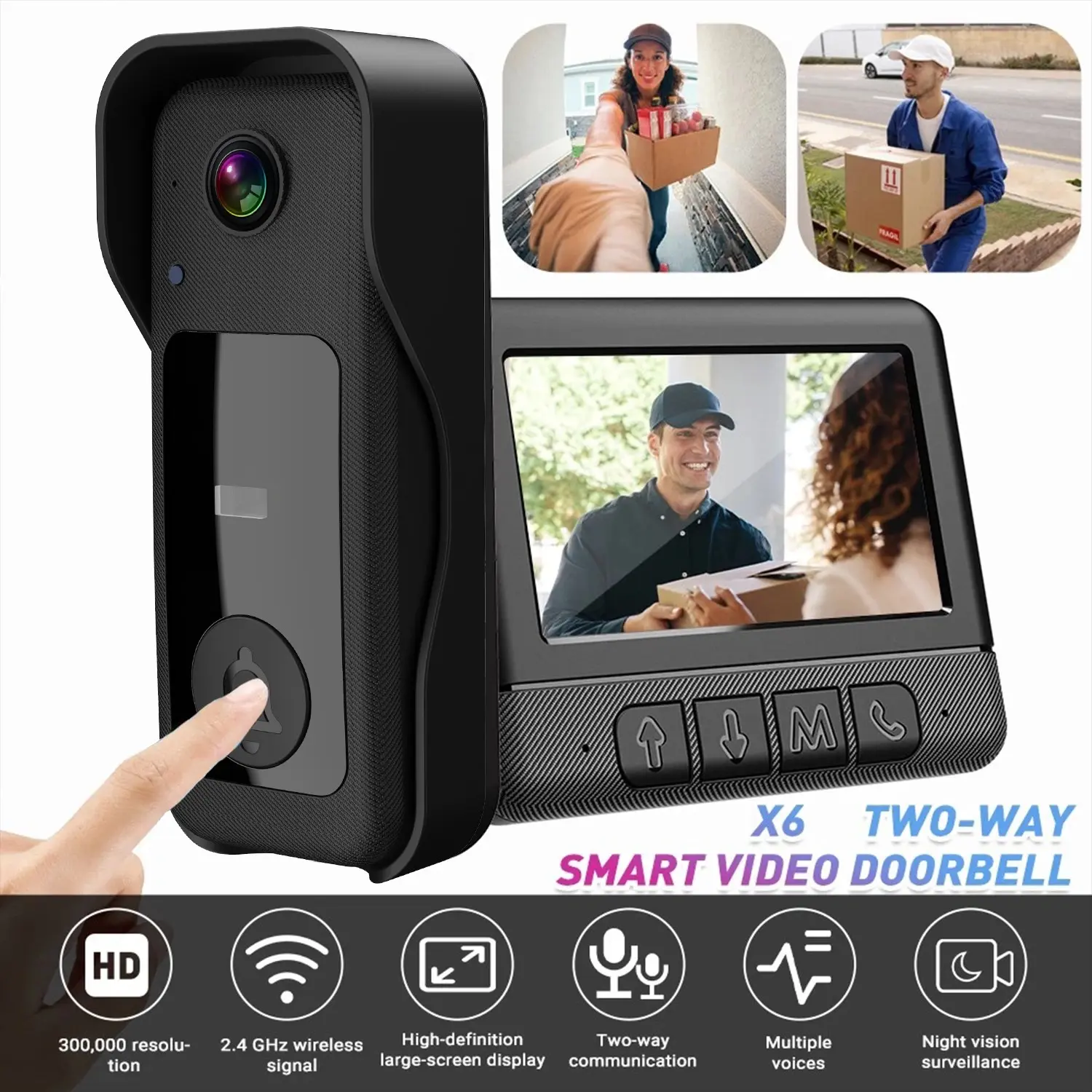 X6 Smart Video Doorbell, 4.3 Inch Color Screen, HD Video Intercom, Long Battery Life, No Internet Needed, Two-Way Audio, Home Use, Security Doorbell, Video Doorbell Wireless