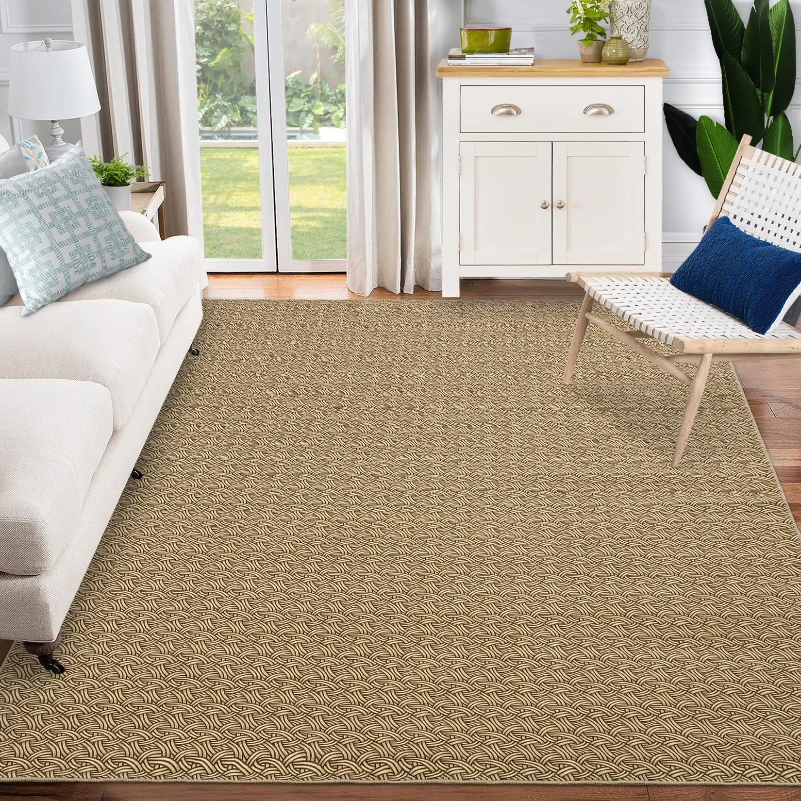 GARVEE9x12 Washable Braided Print Area Rugs with Non-Slip Backing, Low Pile Ultra-Thin Floor Carpet for Living Room, Modern Design Printed Rug for Bedroom Dining Room, Brown Beige