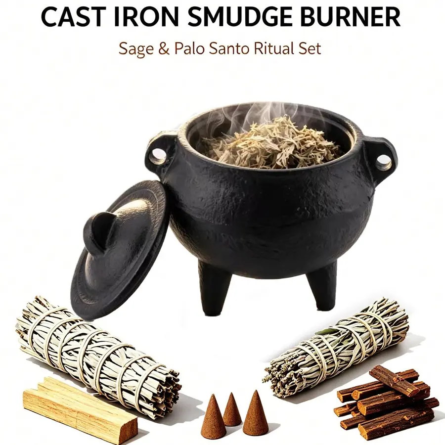 Cast Iron Incense Burner with Lid and Handles, White Sage and Palo Santo Smudging Pot, Yoga Meditation Purification Holder, Home Decor Ornament