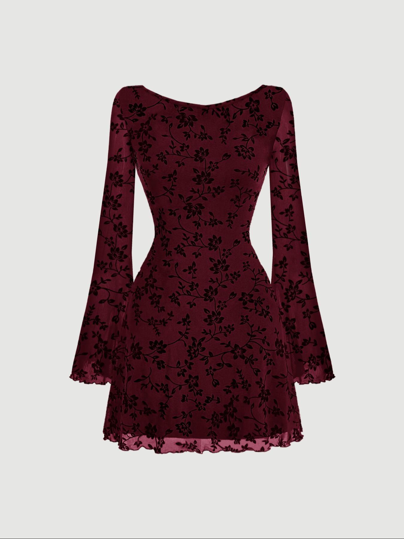 Women's Floral Print Backless Flounce Sleeve Dress, Elegant Round Neck Long Sleeve A Line Dress for Party Holiday Wedding Guest, Ladies Clothes, Womenswear