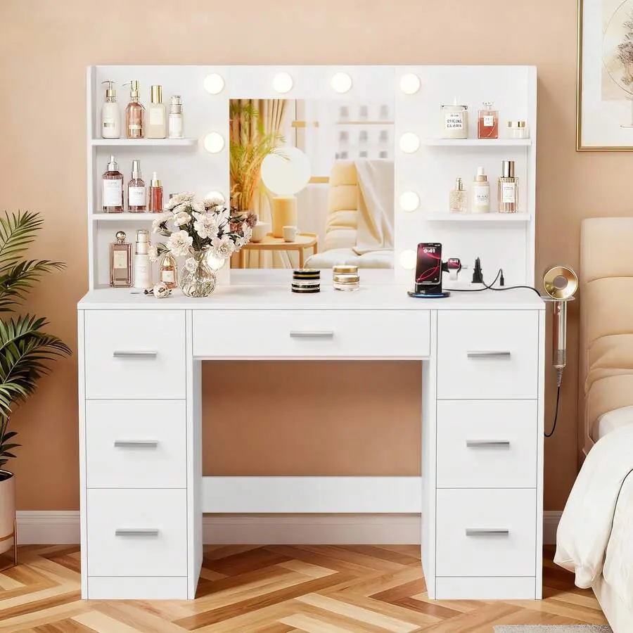 Vanity Desk With Mirror, LED Lights And Power Outlet Makeup Vanity Table With 7 Drawers And 6 Storage Shelves Dressing Table Bedroom Dressing Room