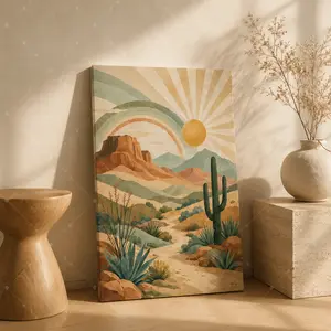 Desert Landscape Canvas Wall Art,  Cactus Sun Rainbow Poster, Southwestern Nature Wall Decor for Living Room, Bedroom, Office, Nursery, Entryway, Unframed Canvas Poster or Framed Canvas Wrap