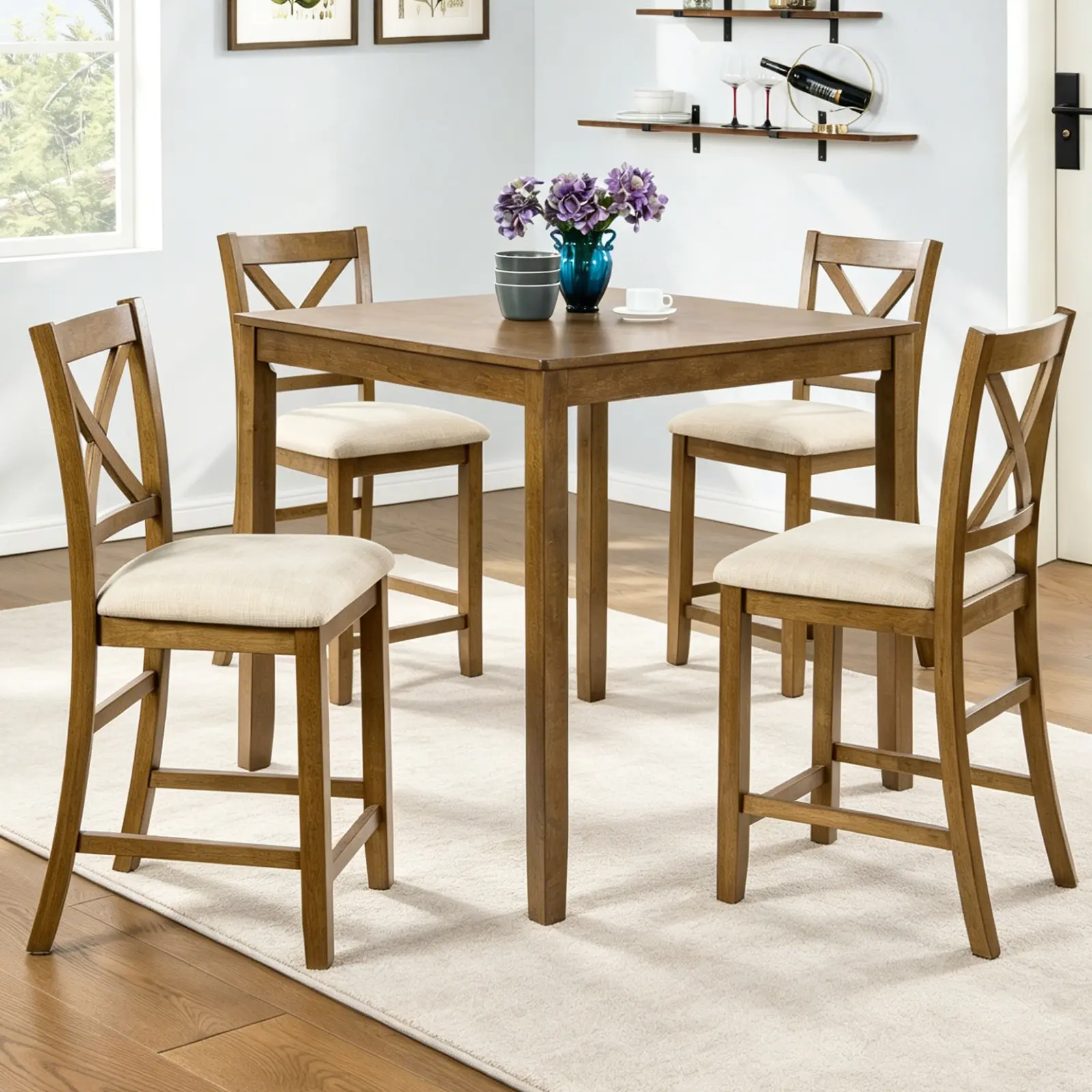 ARCH Oak Finish 5-Piece Counter Height Dining Set - Square Table & 4 X-Back Chairs (4 Seats), Rubberwood Solid Frame, Waterproof Surface, Easy Assembly for Small Spaces, Oak Color Options, Bent Wood/Linen/MDF Materials, Four Seats