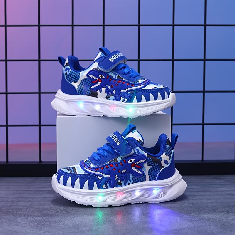 Youngsters' LED Dinosaur Sneakers - Boys' Glow-in-the-Dark T-Rex Sneakers with Flashing Lights, Camouflage & Solid Patterns, Hook-and-loop Fastener Closure, Ages 1-6, Perfect for Casual Play,  Dinosaur Themed Shoes |         Durab High Top Kid