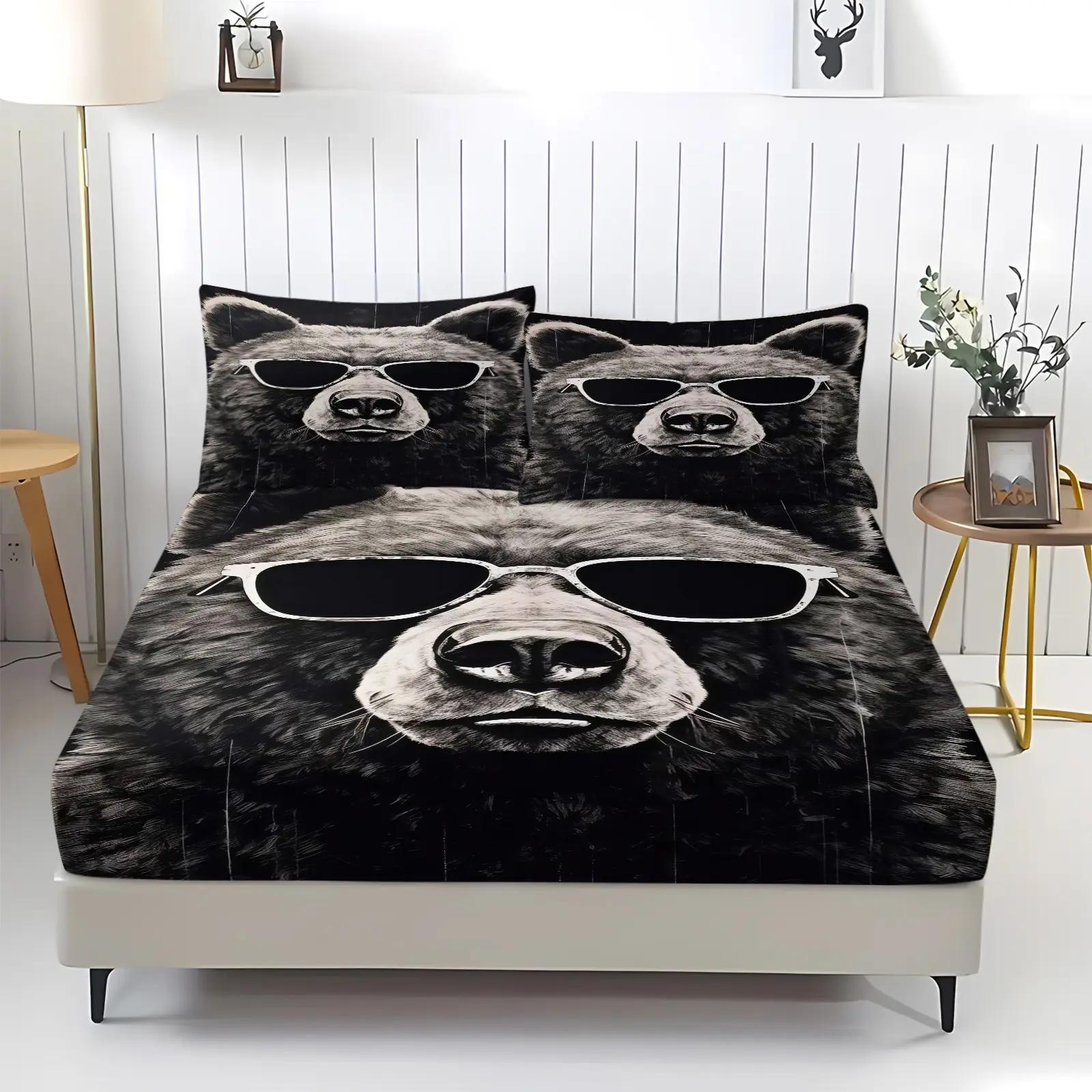 Bear print pattern bed sheet, including 1 bed sheet and 2 pillowcases, anti slip dust cover suitable for bedrooms and guest rooms, suitable for personal use or gift giving