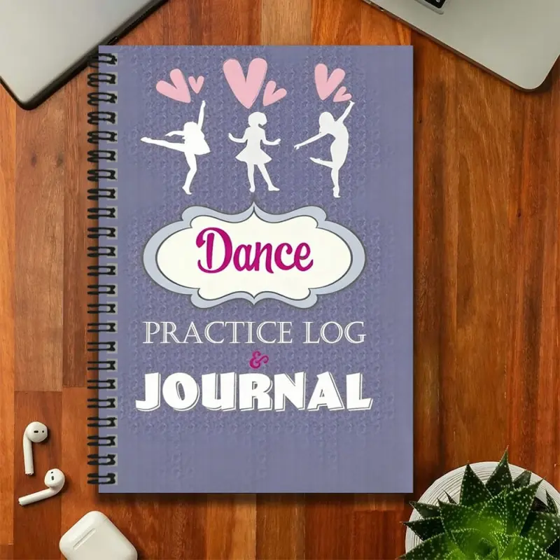 A spiral-bound notebook exclusively for dance enthusiasts, featuring a dancer silhouette and heart motifs on the cover, with the prominent print "Dance Practice Log & Journal." Suitable for recording dance exercises, and can also be used as a notebook for