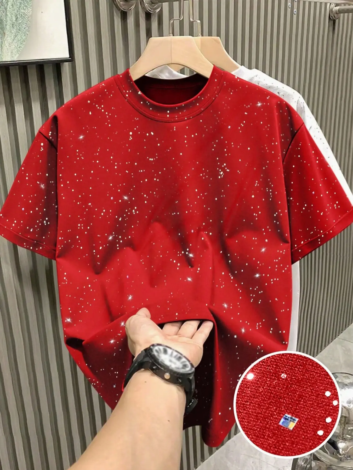 Men's Round Neck Short Sleeve Silver Color Loose Fit Casual T-Shirt, Slim-Fitting Long T-Shirt with Letters Pattern, Unlined Design