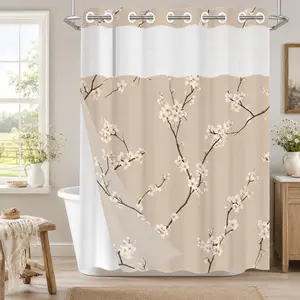 1pc hookless Removable Bathroom No Hook Shower Curtain with buckle lining, spring pink and white plum blossom design, 2D flat printing, fabric waterproof lining, see-through double-layer shower curtain, 71 x 74 inches, modern home draping curtain