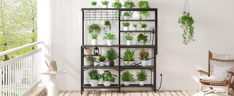 L-Shaped Bakers Rack with Power Outlet, 6-Tier Microwave Stand with Open Storage, Kitchen Shelf with Hooks, Coffee Bar with Wire Basket, White L-Shaped Bakers Rack with Power Outlet, 6-Tier Microwave Stand with Open Storage, Kitchen Shelf with Hooks, Coffee Bar with Wire Basket, White