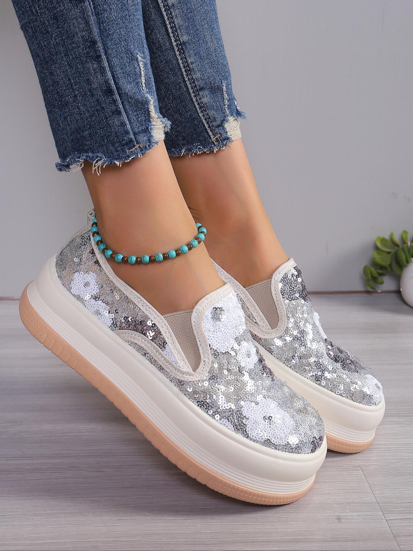 Fashionable Ditsy Floral Pattern Sequin Decorated Slip on Thick-soled Slipon Sneakers, Casual Comfortable Round Toe Low Top Shoes for Women, All-match Commuter Shoes for Work & Daily Wear