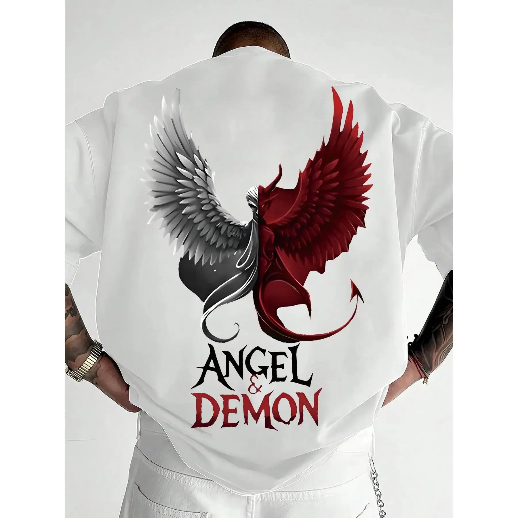 Men's 100% Pure Cotton Dark Aesthetic Angel & Demon Print Oversized T-Shirt - Soft, Stretch, Preppy Harajuku Streetwear Baggy Short-Sleeve Graphic Top for Easter, Indoors, Day Wear